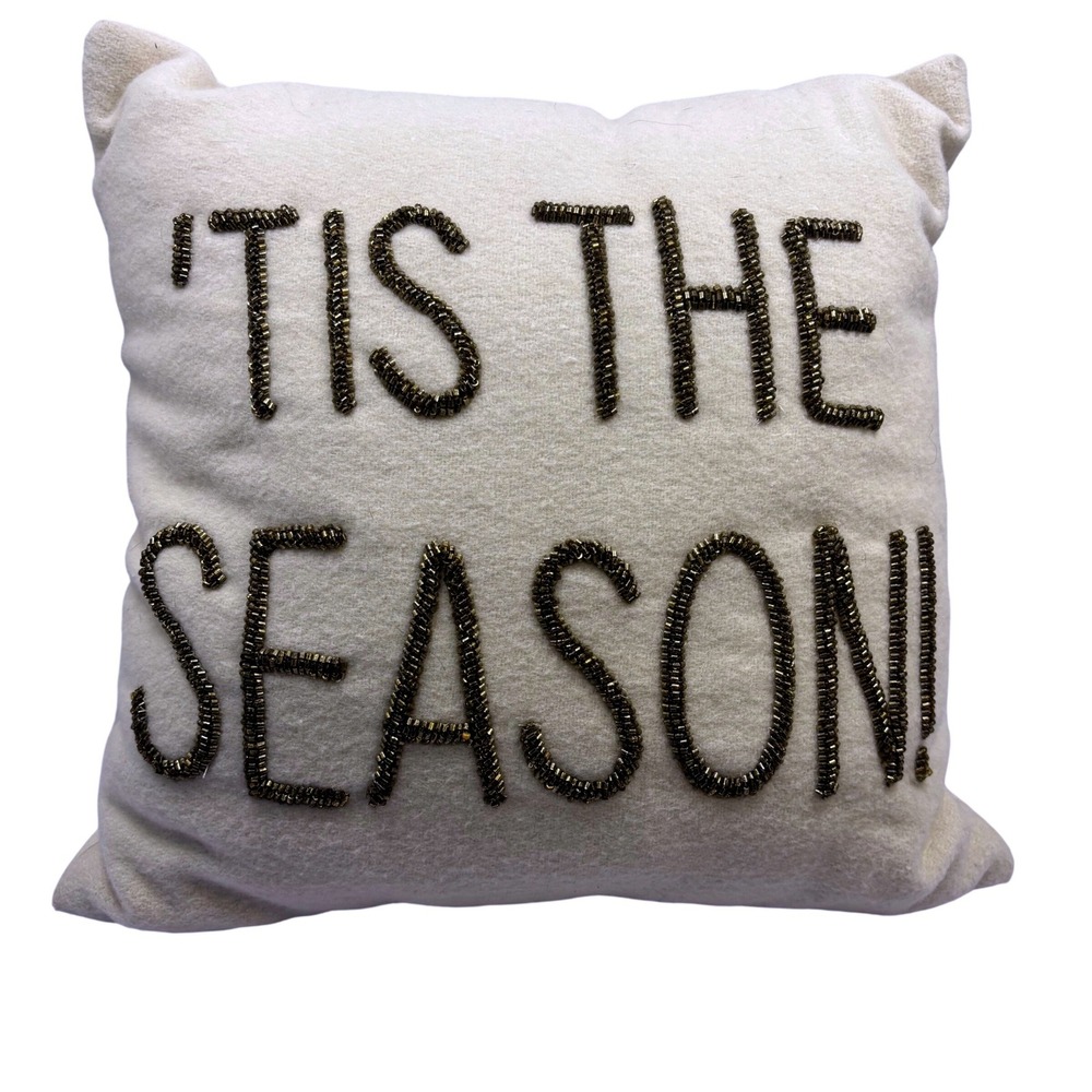 Tis The Season Beaded Christmas Decor Pillow Cream Gold Metallic Holiday 16"